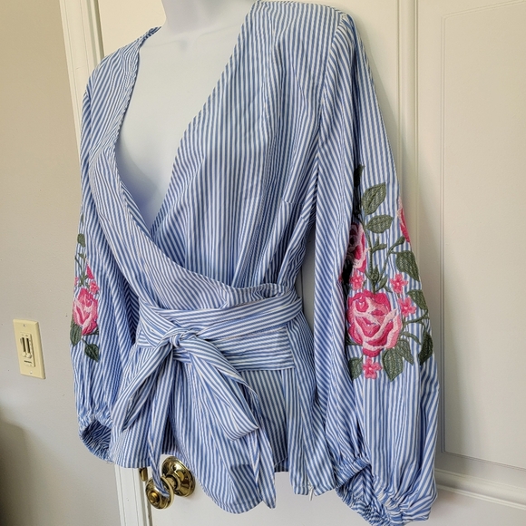 INC International Concepts Blue Striped Pink Floral Balloon Sleeve Blouse Medium - Picture 3 of 12
